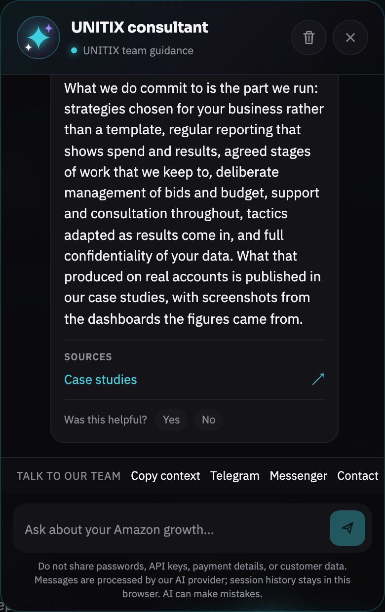 The UNITIX site consultant answering a question about guaranteed results. It states that UNITIX does not promise specific numbers, lists what the agency does commit to, and links to the published case studies.