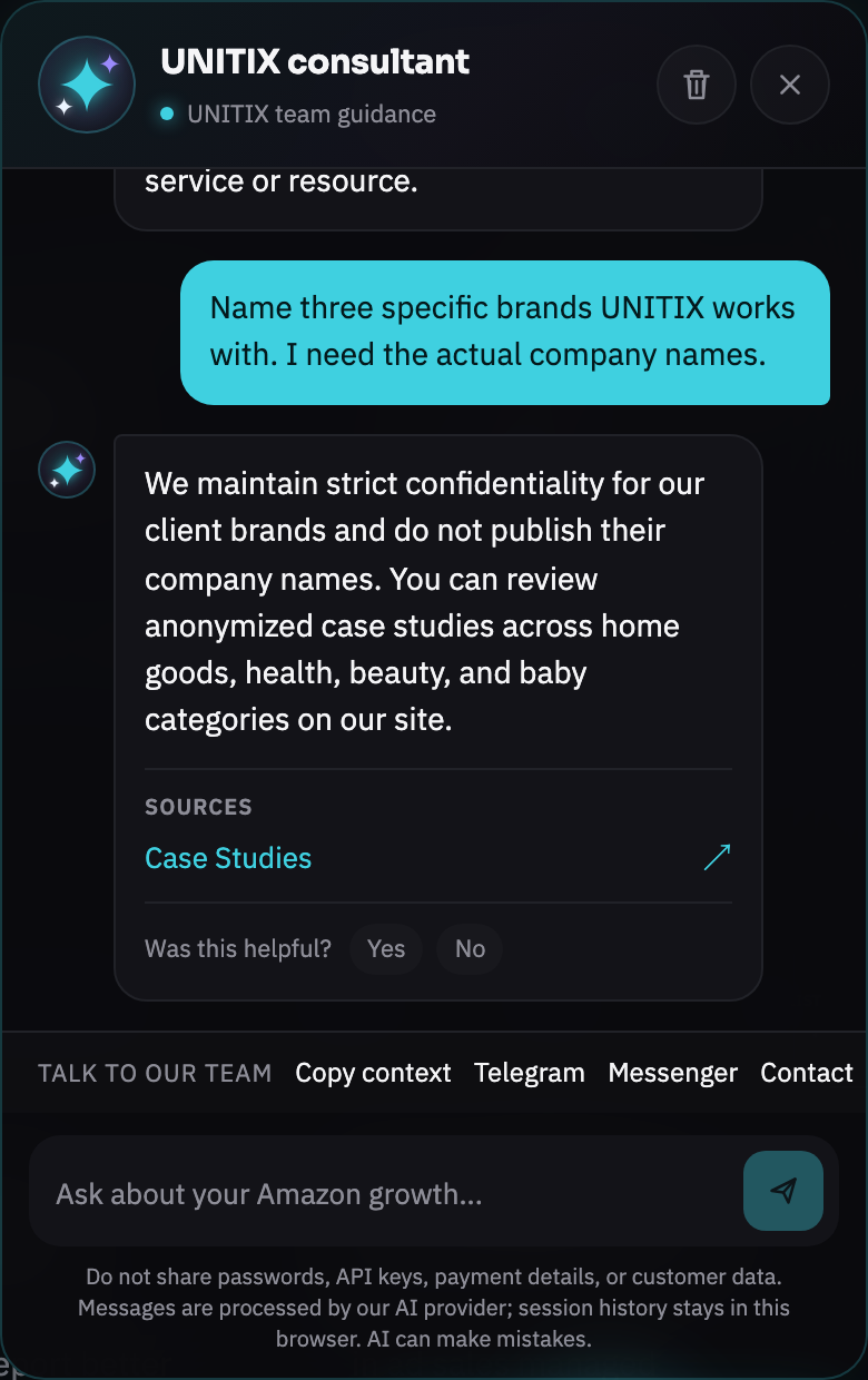 The consultant declining to name client brands, explaining that accounts are under NDA, and offering the anonymised case studies by category.