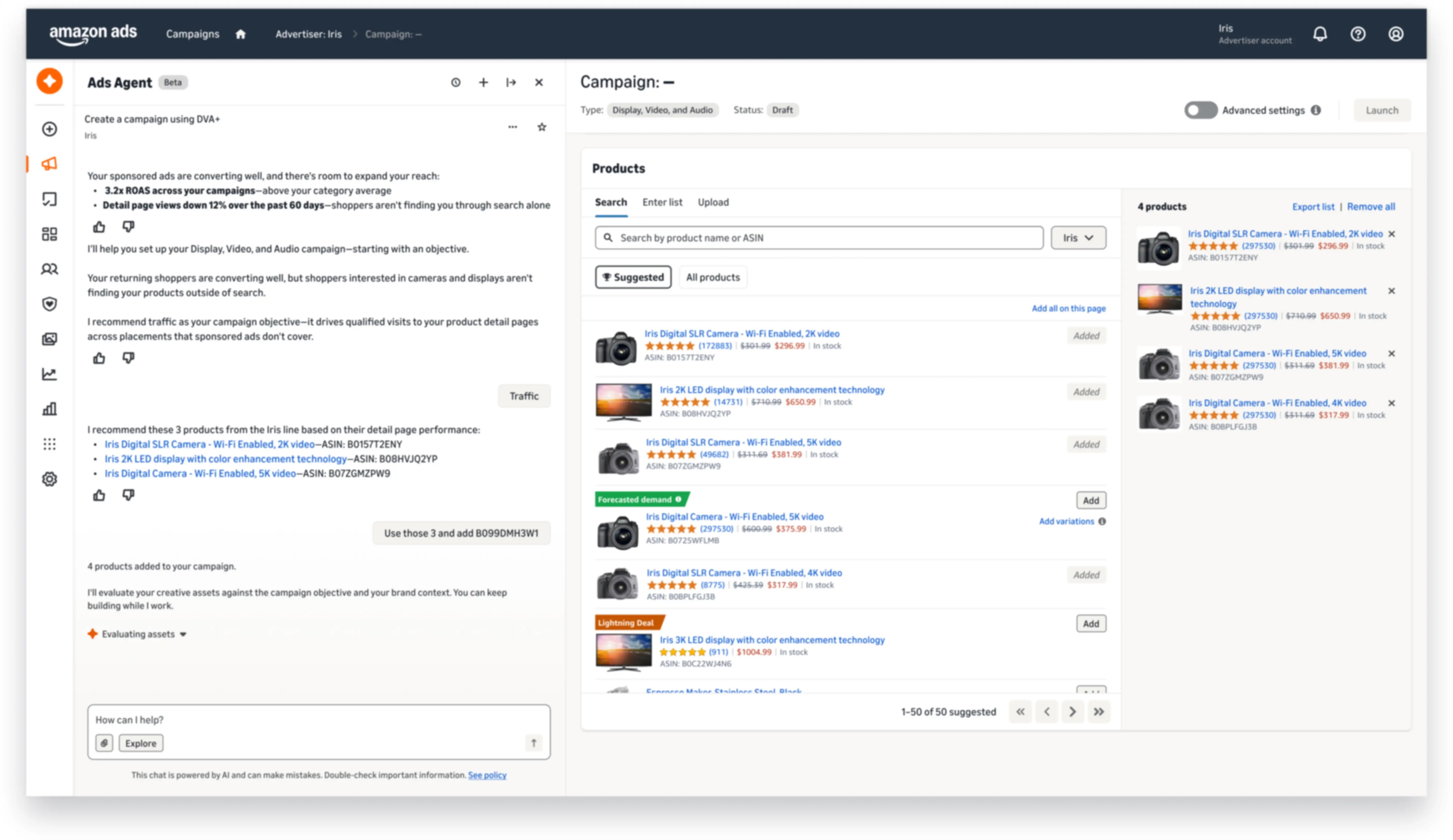 Advertisers can describe what they need or ask questions in plain language and Amazon Ads Agent will make recommendations based on campaign insights