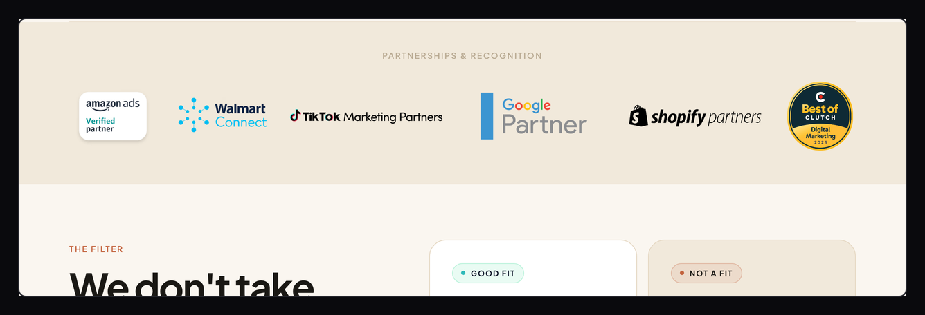 Laser Sight Digital's site showing the Amazon Ads Verified Partner mark in its partnerships row
