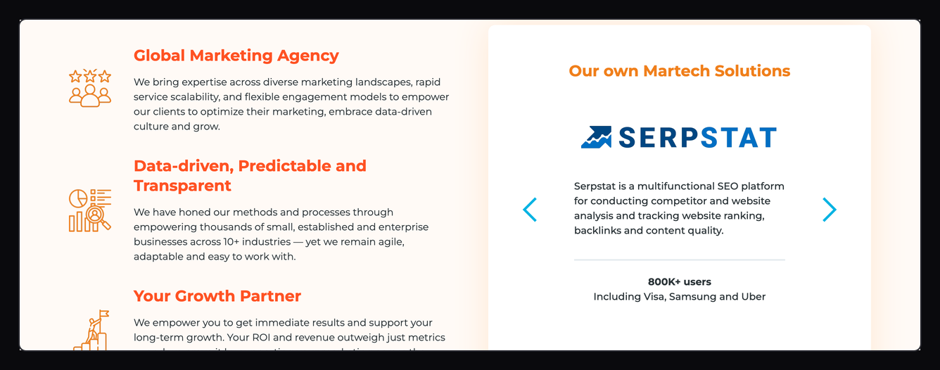 Netpeak's homepage under the heading "Our own Martech Solutions", describing Serpstat as a multifunctional SEO platform