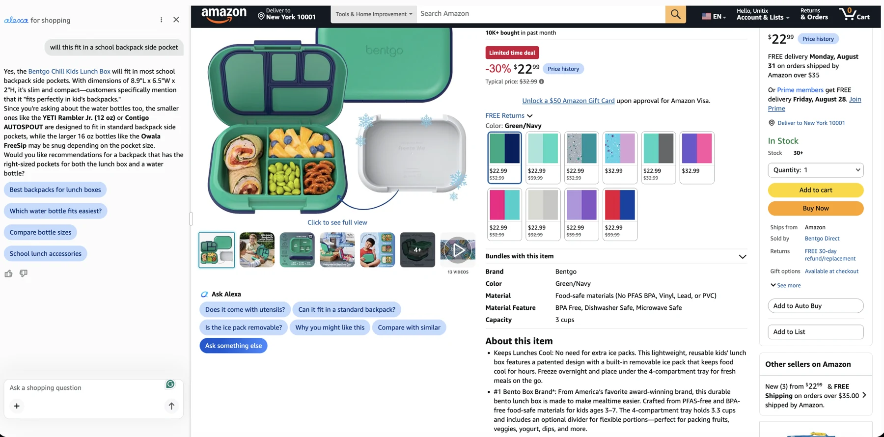 The Alexa for Shopping panel open beside a Bentgo Chill Kids Lunch Box product page. The question reads: will this fit in a school backpack side pocket. The answer reads: Yes, the Bentgo Chill Kids Lunch Box will fit in most school backpack side pockets. With dimensions of 8.9 inches long by 6.5 wide by 2 high, it's slim and compact, and customers specifically mention that it fits perfectly in kid's backpacks. It then suggests smaller water bottles that fit the same pocket. Below the product images an Ask Alexa block offers suggested questions: does it come with utensils, can it fit in a standard backpack, is the ice pack removable.