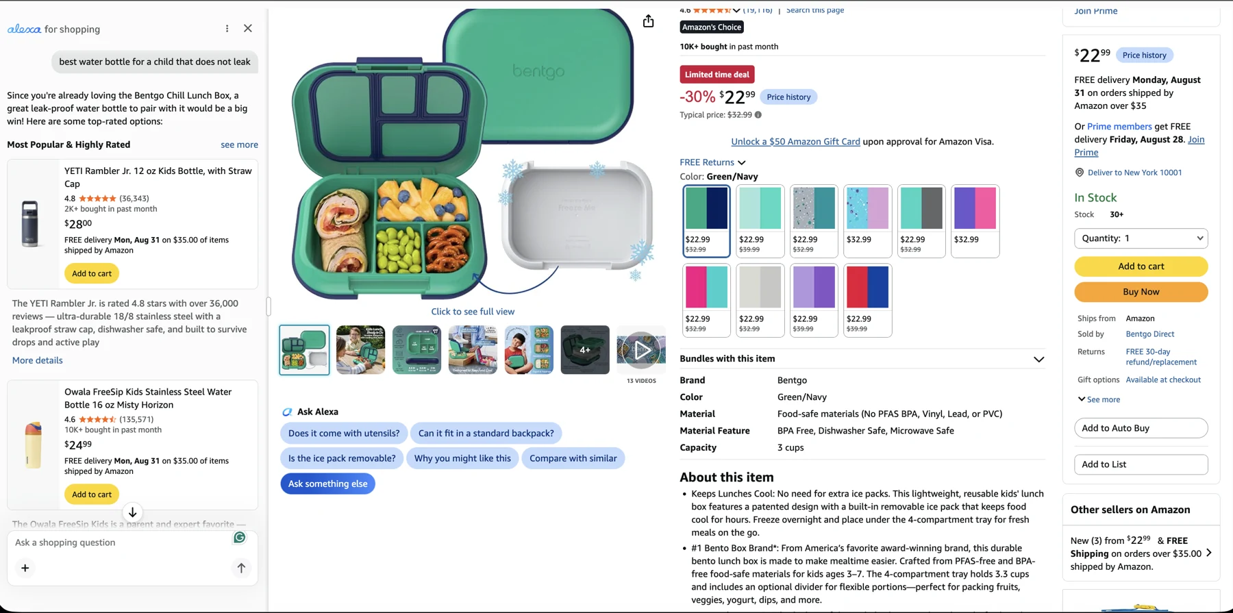 The Alexa for Shopping panel on amazon.com answering the question best water bottle for a child that does not leak. Under a heading Most Popular and Highly Rated it recommends the YETI Rambler Jr. 12 oz Kids Bottle with Straw Cap at 28 dollars and the Owala FreeSip Kids 16 oz at 24.99, each with its star rating and review count. The explanation reads: the YETI Rambler Jr. is rated 4.8 stars with over 36,000 reviews, ultra-durable 18/8 stainless steel with a leakproof straw cap, dishwasher safe, and built to survive drops and active play.