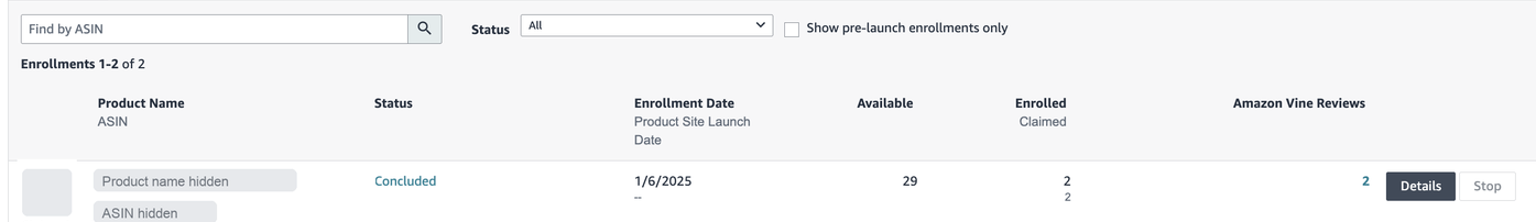 The Vine enrolments table in Seller Central: columns for status, enrolment date, units available, units enrolled and claimed, and Vine reviews published, with a filter above it for pre-launch enrolments only
