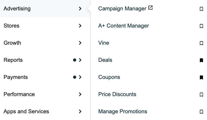 The Seller Central menu open on Advertising, with Vine listed under it between A+ Content Manager and Deals