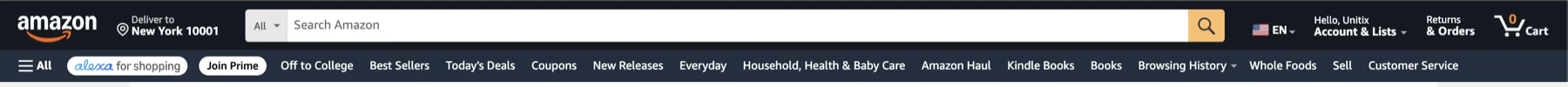 The top of amazon.com in a signed-in session. The search field still reads Search Amazon. In the navigation row below it, an alexa for shopping pill sits between the All menu and Join Prime, followed by the usual links: Off to College, Best Sellers, Today's Deals, Coupons.