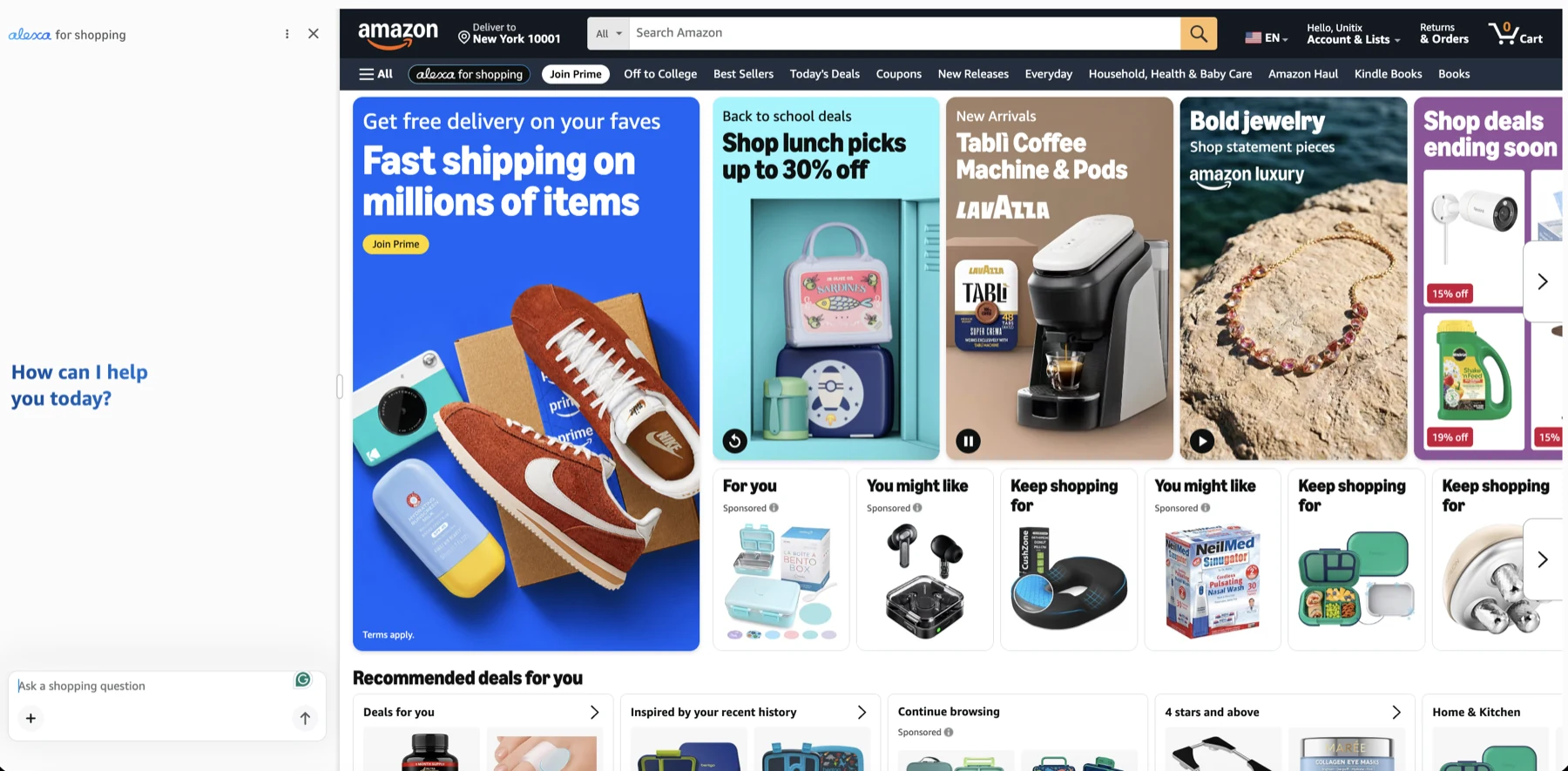 The Amazon homepage with the Alexa for Shopping panel open down the left third of the screen. The panel reads How can I help you today? above an Ask a shopping question field. The rest of the homepage carries on to the right: Prime shipping banner, back to school deals, and rows of recommended products.
