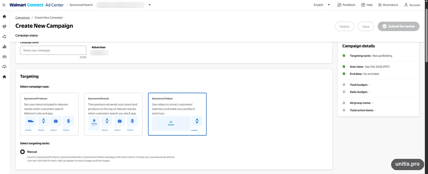 The Walmart Sponsored Videos campaign type selected during campaign creation
