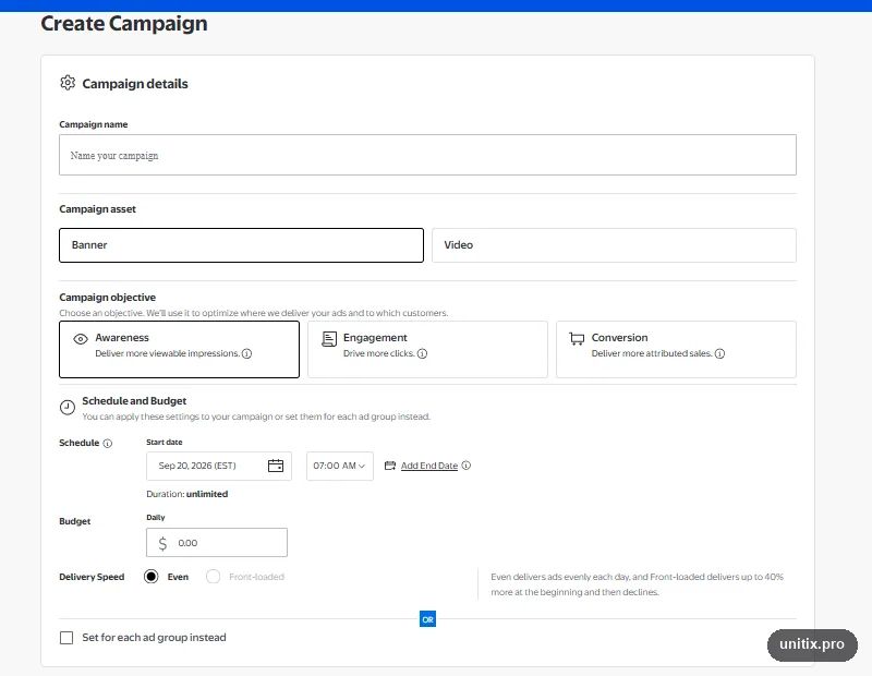 Walmart display campaign setup: campaign asset, objective, schedule, budget and delivery speed