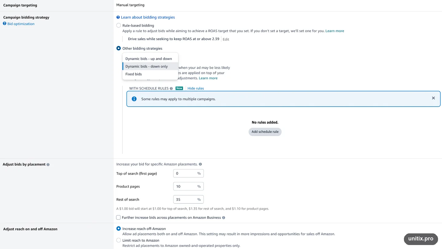 Amazon campaign bidding strategy with placement adjustments for top of search, product pages and rest of search