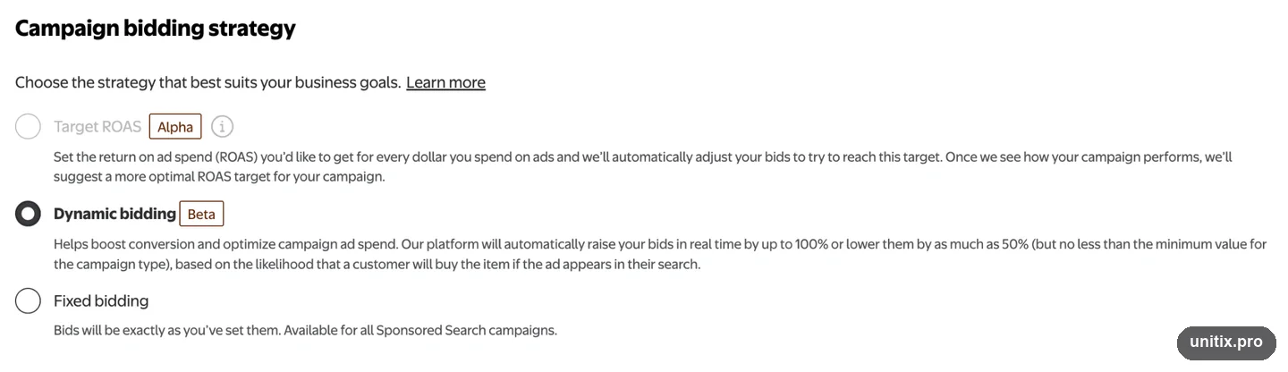Walmart campaign bidding strategy: target ROAS, dynamic bidding and fixed bidding