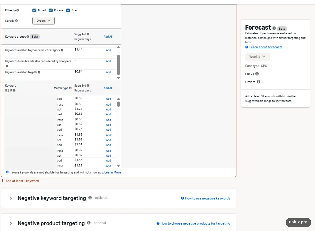 Amazon suggested keywords at campaign creation, with keyword groups, match types and suggested bids