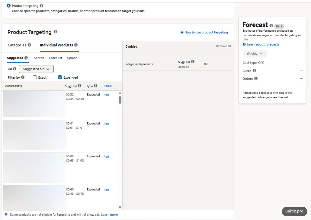 Amazon suggested products for product targeting, with suggested bid ranges