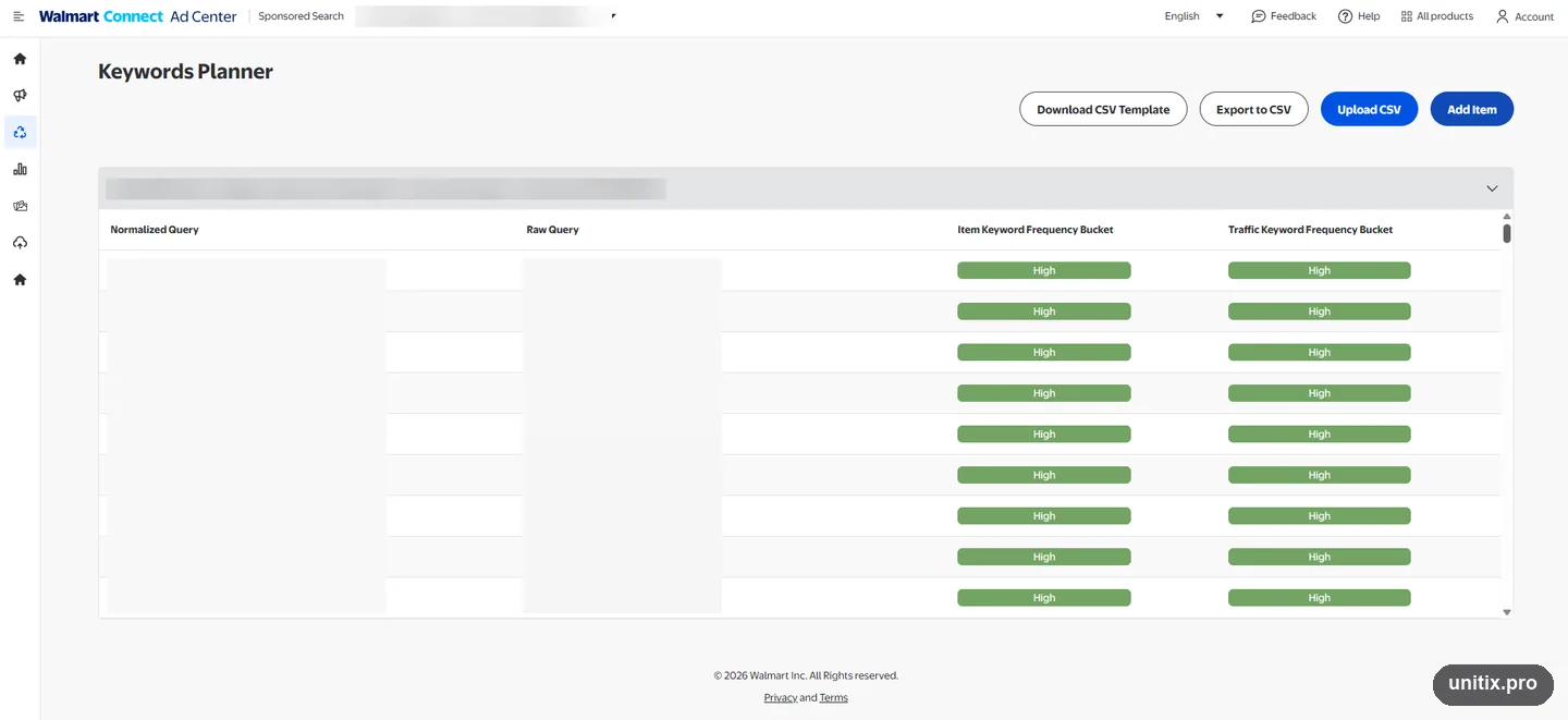 The Walmart Keywords Planner, listing normalised and raw queries with item and traffic keyword frequency buckets