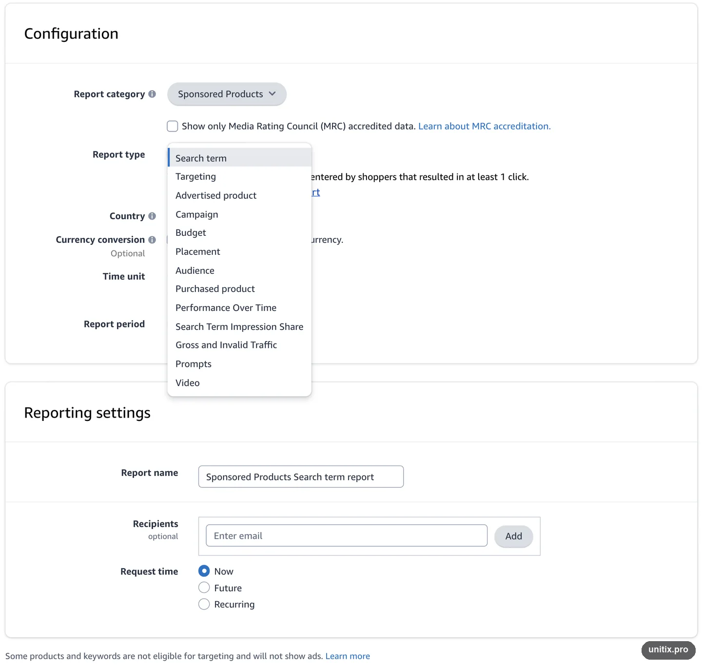 Amazon report types, including search term, targeting, advertised product, purchased product and placement