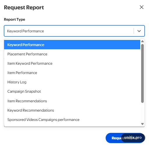 Walmart report types, including keyword performance, item keyword performance and item recommendations