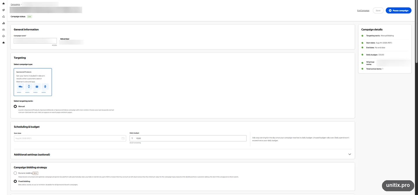 A Walmart Connect campaign page, showing campaign name, targeting tactic, schedule, budget and bidding strategy