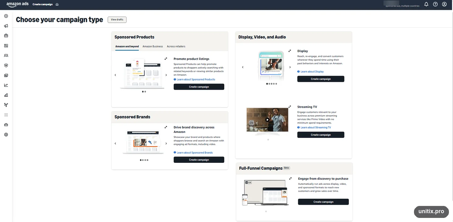 The Amazon campaign type chooser: Sponsored Products, Sponsored Brands, Display, Streaming TV and Full-Funnel Campaigns