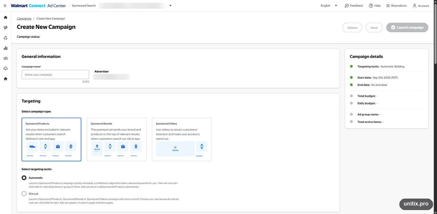 The Walmart Connect campaign creation screen with Sponsored Products, Sponsored Brands and Sponsored Videos