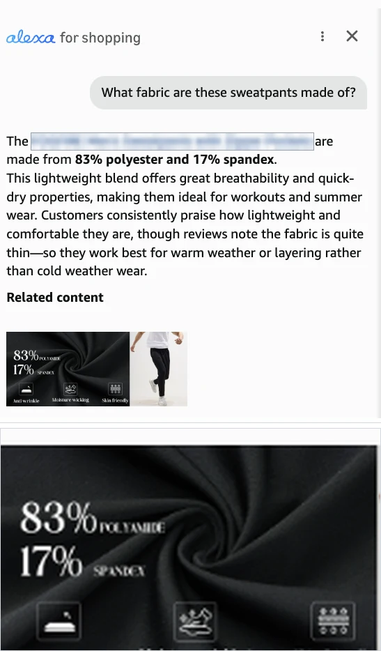 The assistant panel answering a question about sweatpants fabric with 83% polyester and 17% spandex. Below it, the seller's own A+ image from the same page, enlarged, reading 83% polyamide and 17% spandex. The brand name is redacted.