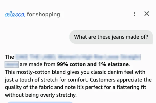 The assistant panel answering a question about what a pair of jeans is made of. The answer reads 99% cotton and 1% elastane. The brand and model name is redacted.