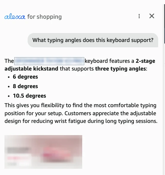 The assistant panel on a product page. The question asks what typing angles the keyboard supports. The answer lists 6 degrees, 8 degrees and 10.5 degrees. The brand and model name in the answer is redacted.